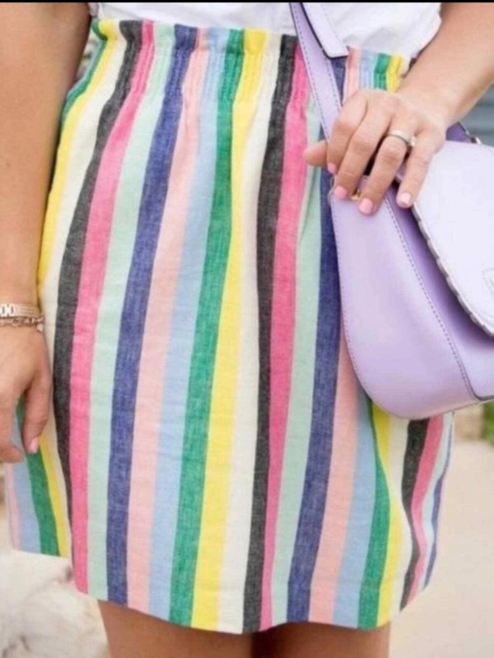 J CREW Mixed Stripe Linen Cotton Sidewalk Mini Skirt Elastic Waist Size 4